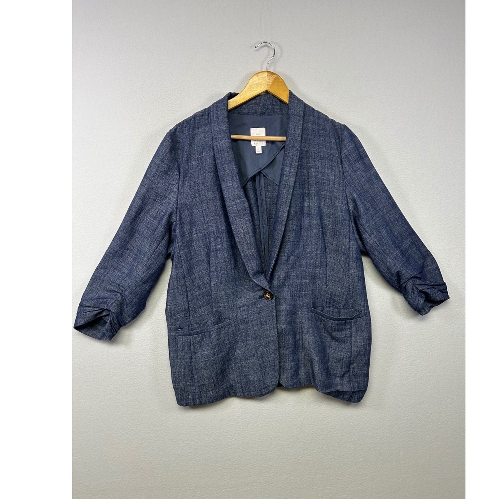 Coastal LC Lauren Conrad Women XL Blue Linen Blend Ruched 3/4 Sleeve Blazer